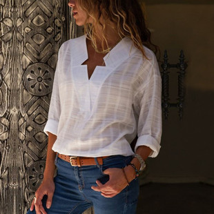 New women's casual shirt women V neck long sleeves休闲衬衫女