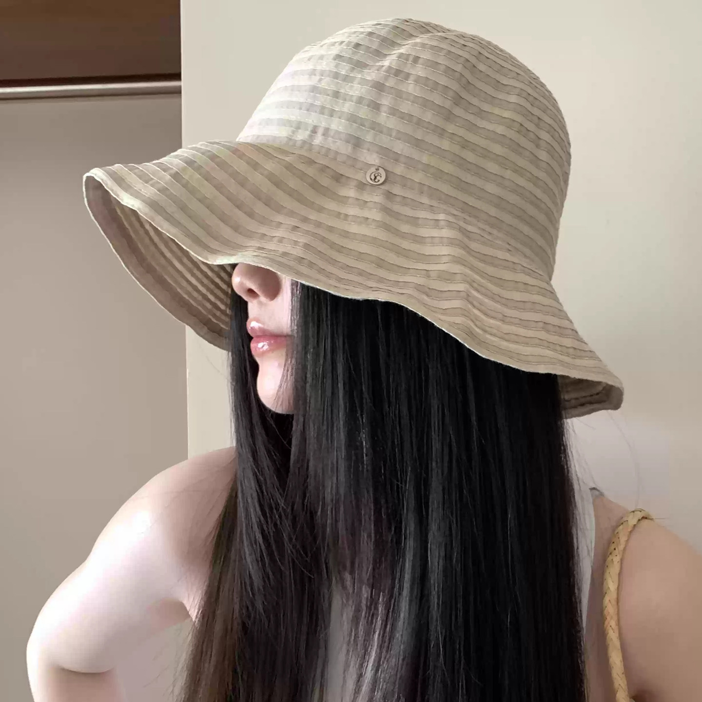 日系大帽檐条纹渔夫帽夏季帽子女款户外防晒遮阳帽显脸小百搭盆帽