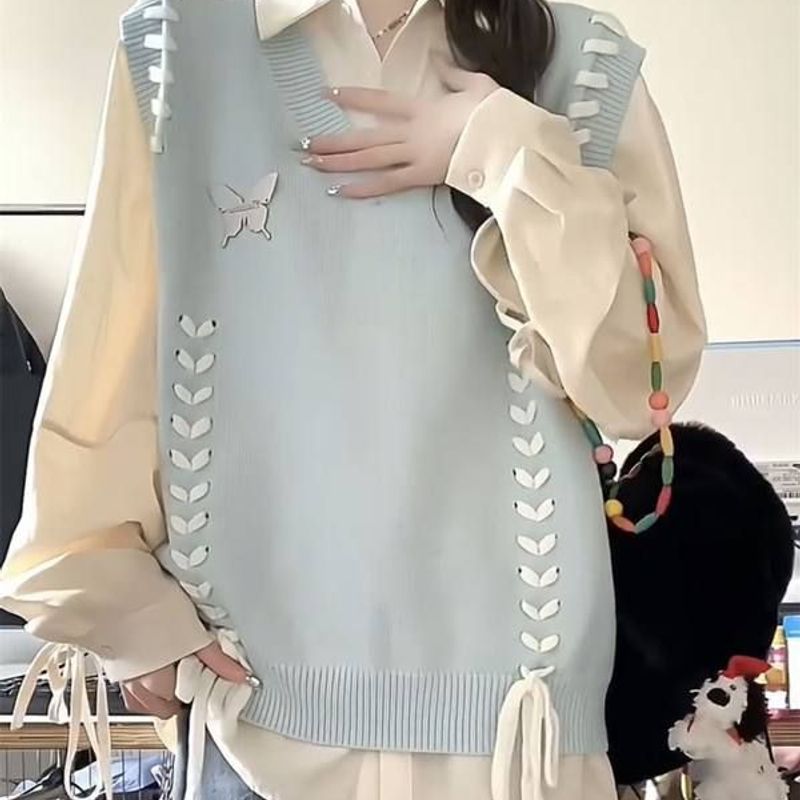 两件套装甜美学院风抽绳明线针织衫马甲背心毛衣女学生+绑带衬衫