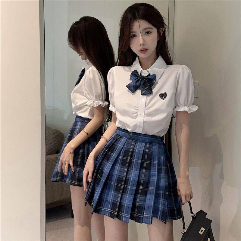 学院风辣妹白色收腰衬衫jk制服套装女泡泡袖短袖衬衫女设计感小众