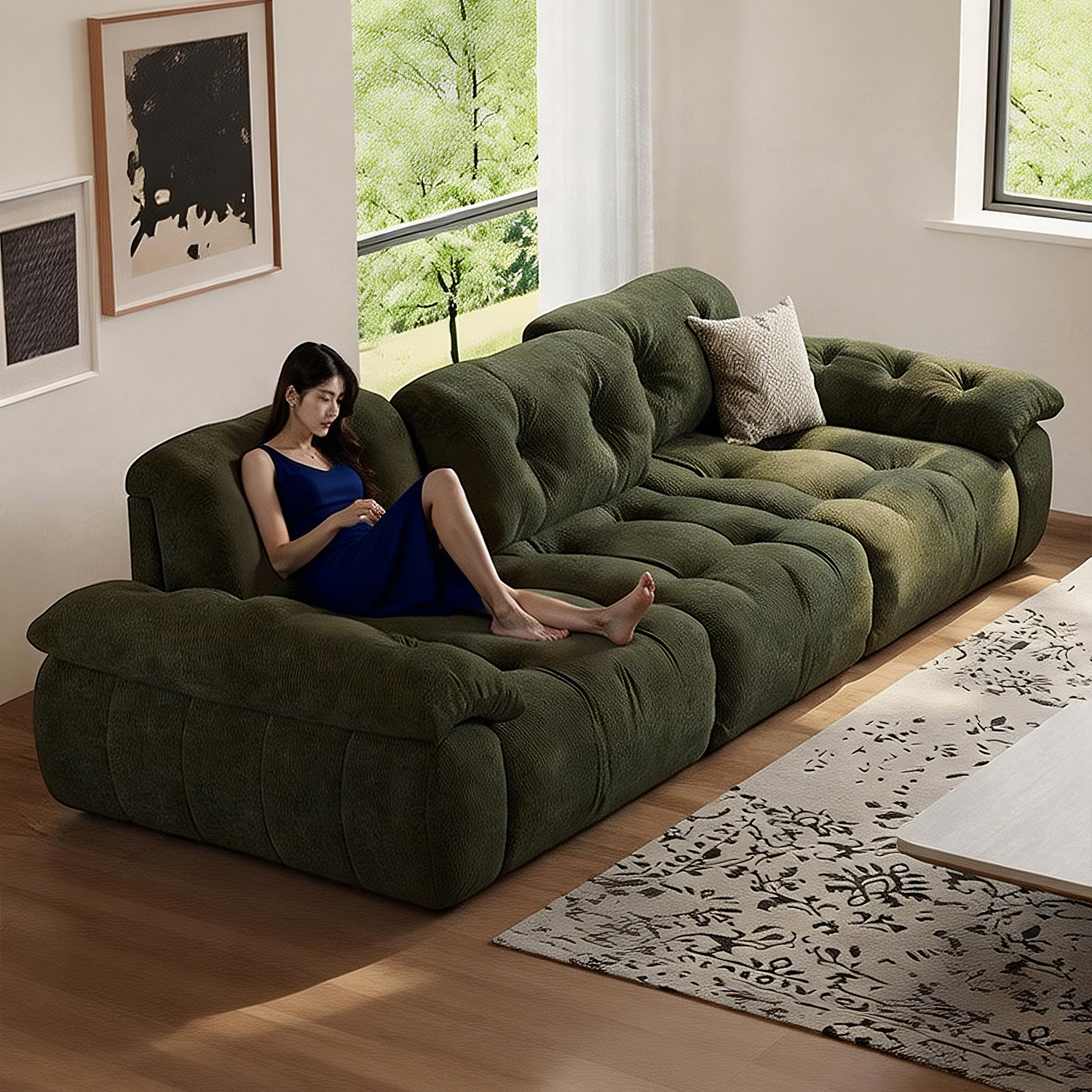 上进意式棉花糖高靠背可全拆洗可调节坐深雪尼尔云漫绿色布艺沙发