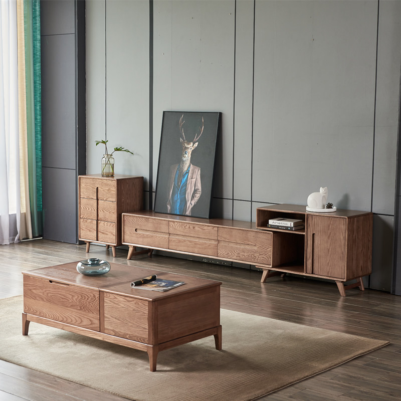 胡桃色实木伸缩电视柜北欧大户型白蜡木地柜现代简约客厅组合墙柜
