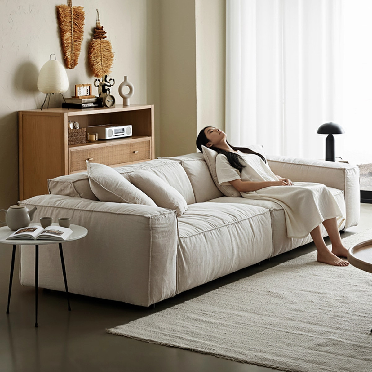 26新款布艺沙发中古复古风客厅三人直排可拆洗棉麻豆腐块布艺沙发