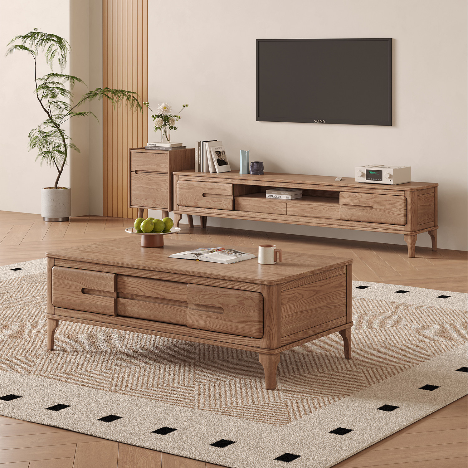 北欧白蜡木茶几现代简约小户型客厅茶桌全实木整装茶几电视柜组合