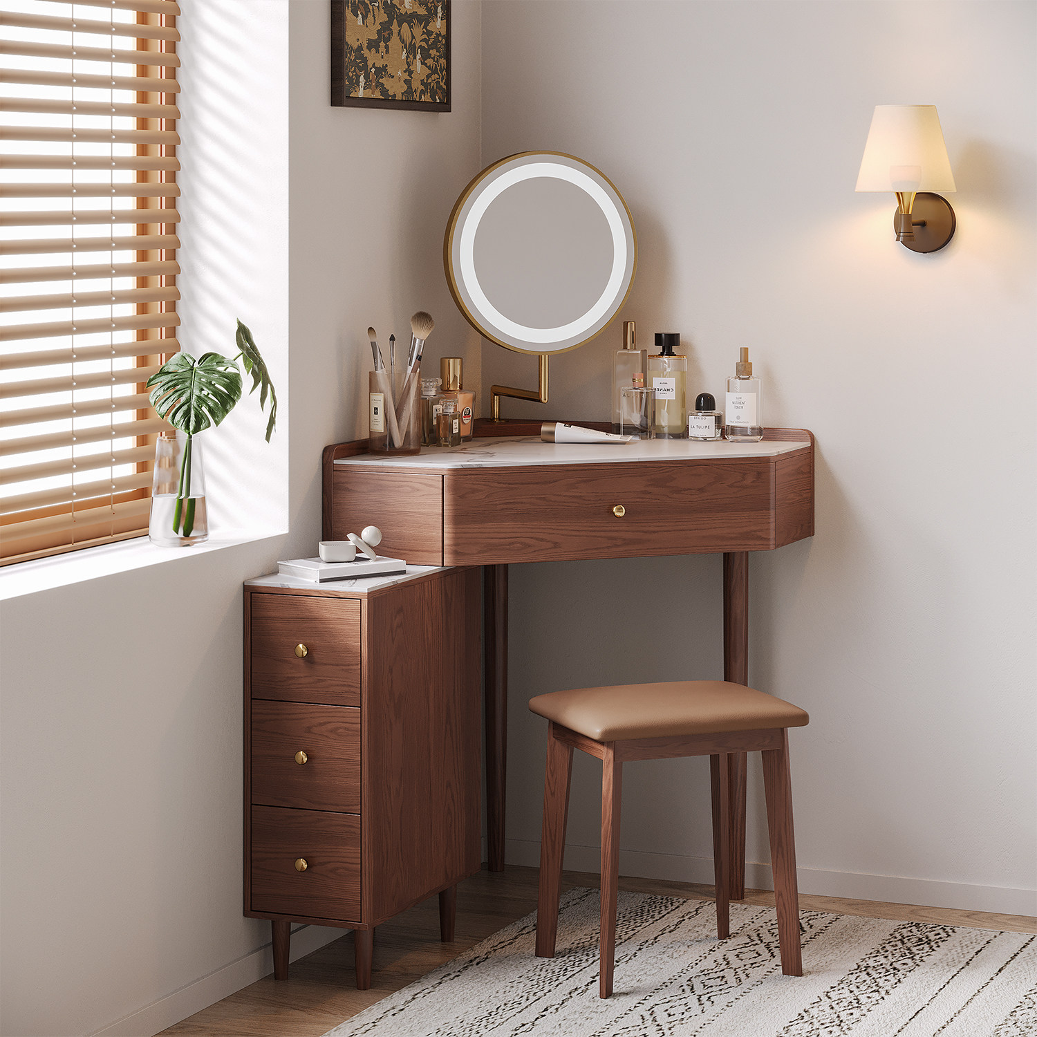 转角梳妆台小户型卧室拐角小书桌床头小型墙角落实木三角化妆桌镜