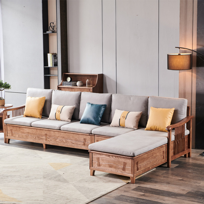 储物冬夏两用实木沙发新中式北欧现代简约白蜡木客厅转角布艺沙发