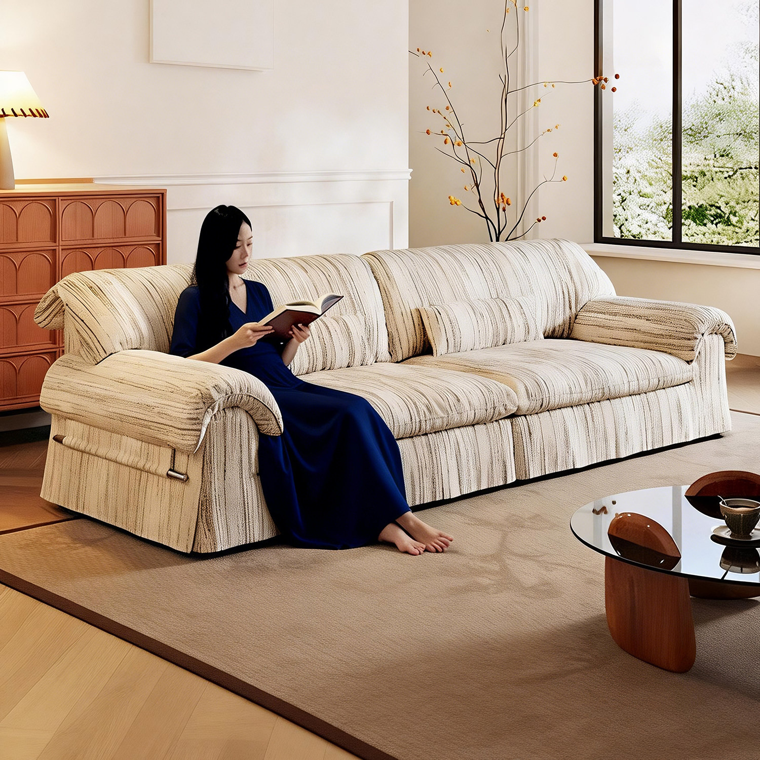 2026新款沙发法式舒芙蕾可全拆洗亚麻双人布艺沙发小户型客厅条纹