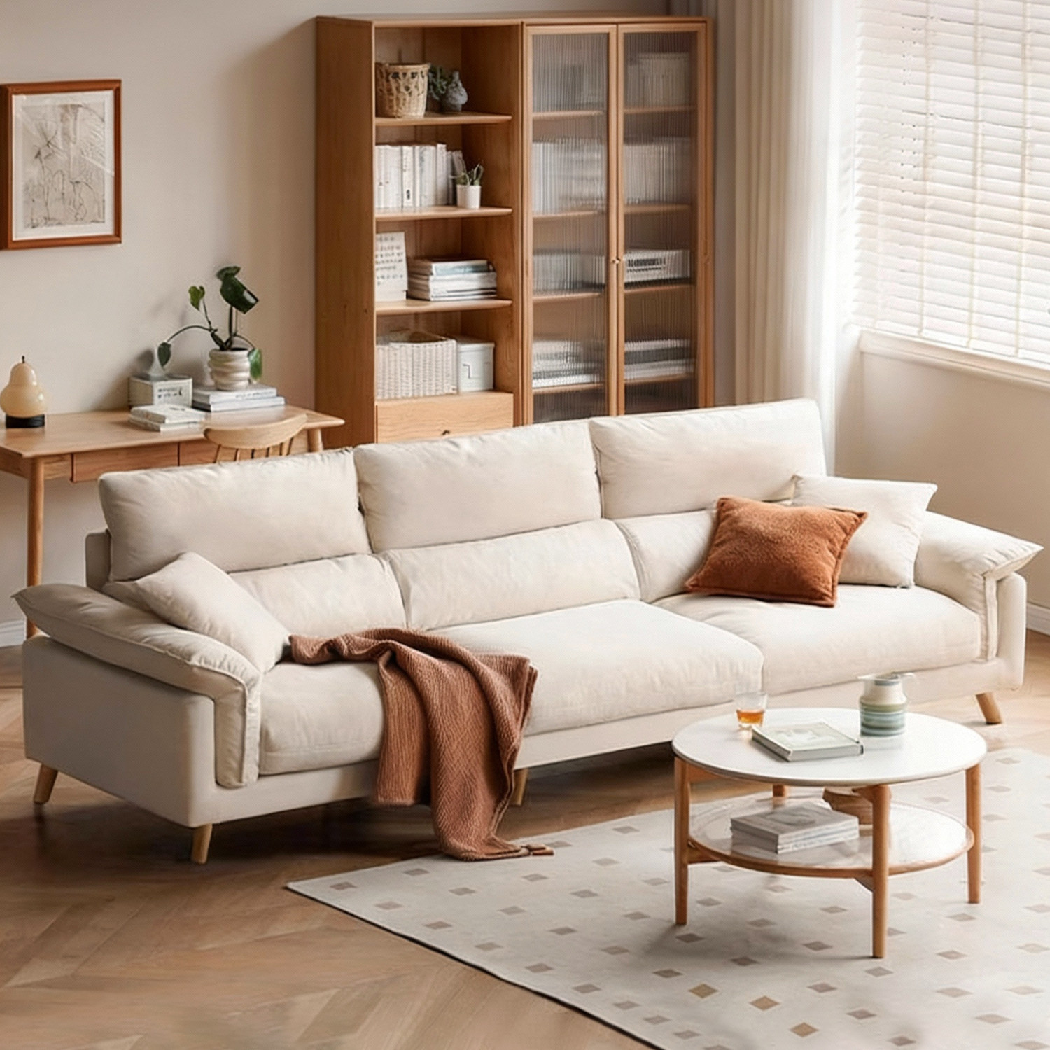 2026新款布艺沙发客厅简约三人位真皮沙发家用白色猫抓高脚布沙发