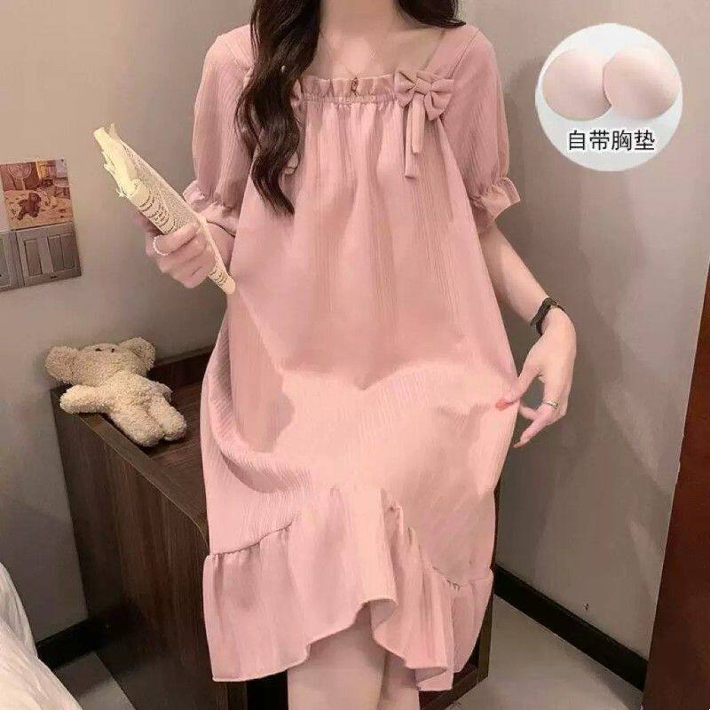 韩版睡裙女带胸垫薄款卡通短袖蝴蝶结睡衣甜美少女慵懒夏天家居服
