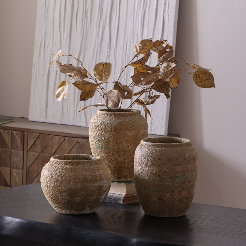 速发手工复古花瓶中式摆件乾燥花瓷花陶插粗陶玄关电视意侘寂风禅