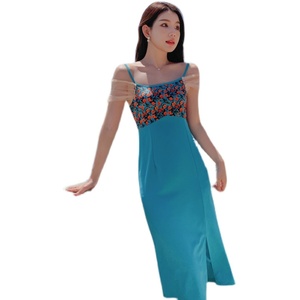 RM20186#新款设计感网纱袖吊带连衣裙收腰显瘦碎花拼接开叉长裙子