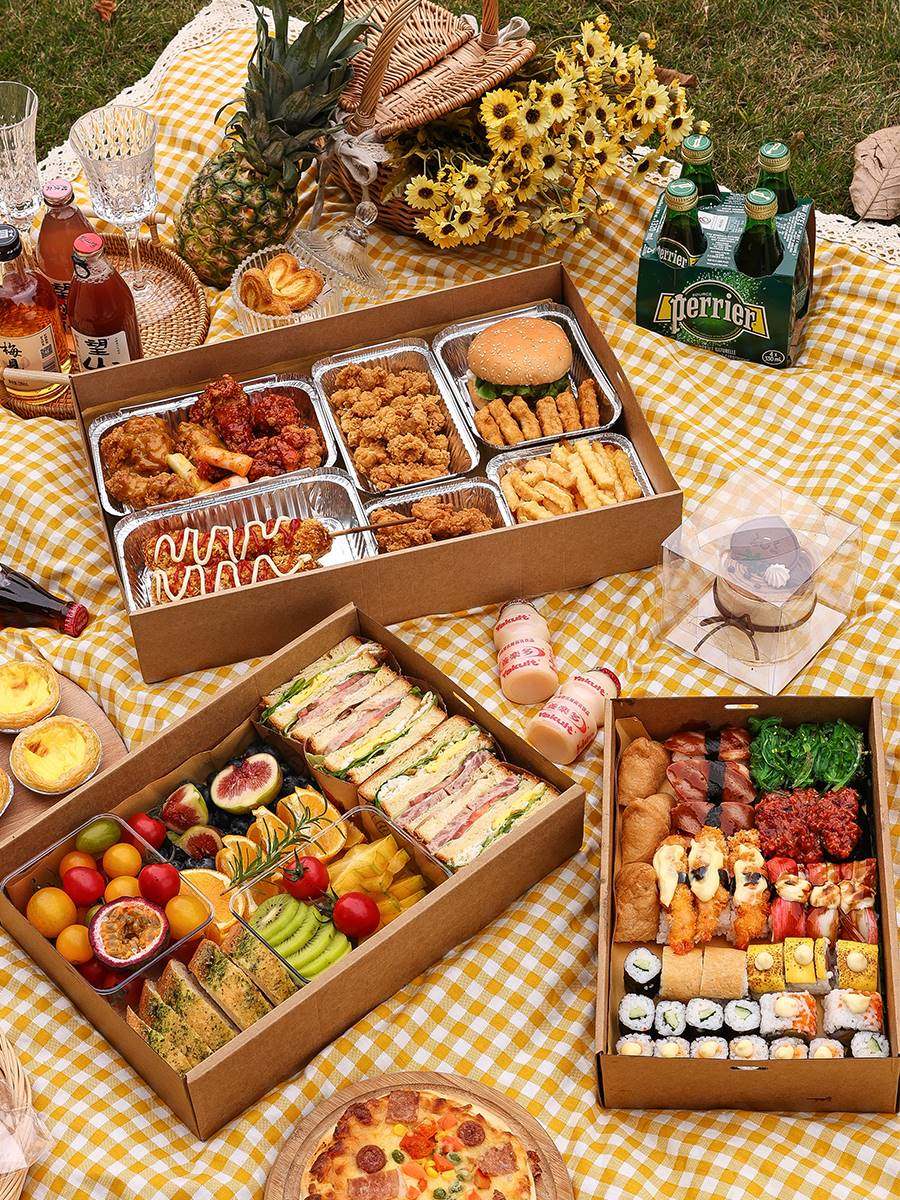 春游野餐盒户外野炊饭盒食物盒露营餐盒一次性出游牛皮纸小吃郊游