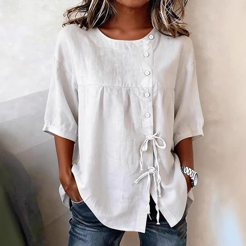 圆领纽扣系带女士上衣   Round neck button tied women's top