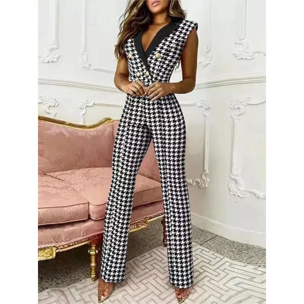 Twisted V-neck sleeveless jumpsuit扭扣V领无袖千鸟格连体裤女