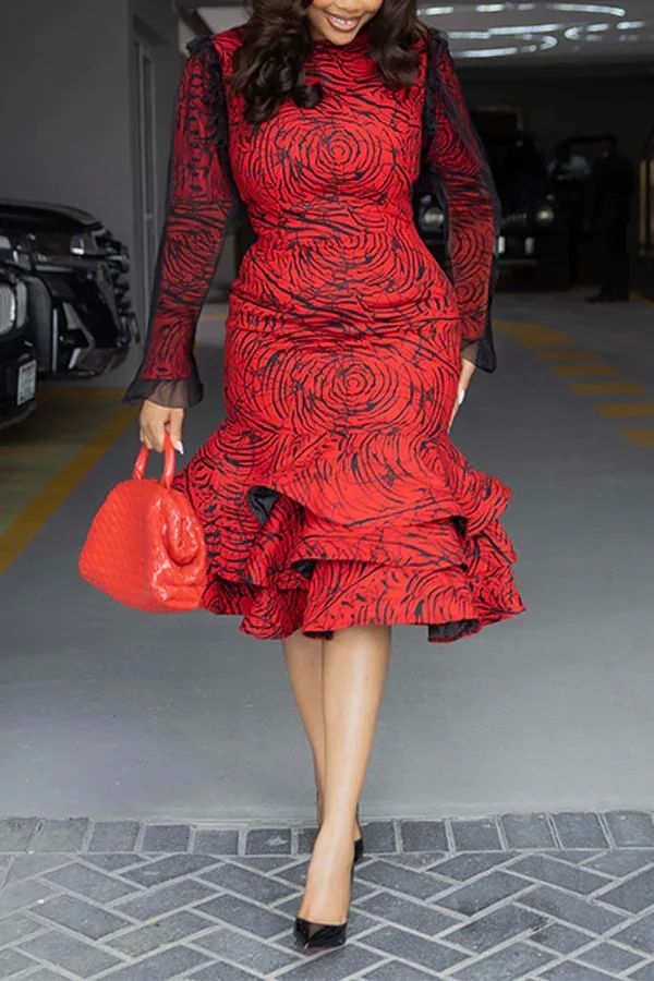 Printed round neck mesh ruffled long skirt印花圆领荷叶边长裙