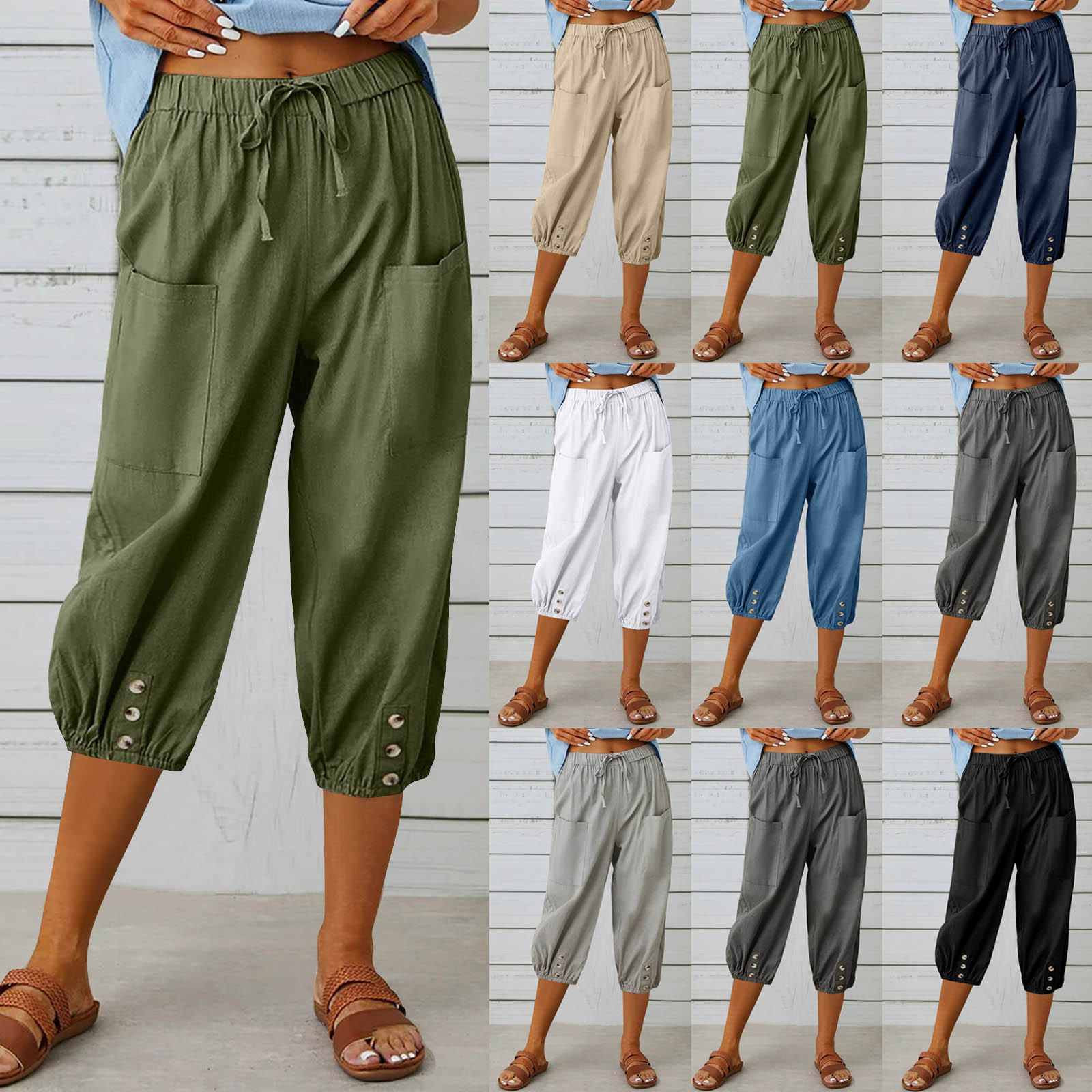 Casual drawstring high waisted ankle pants休闲抽绳高腰束脚裤