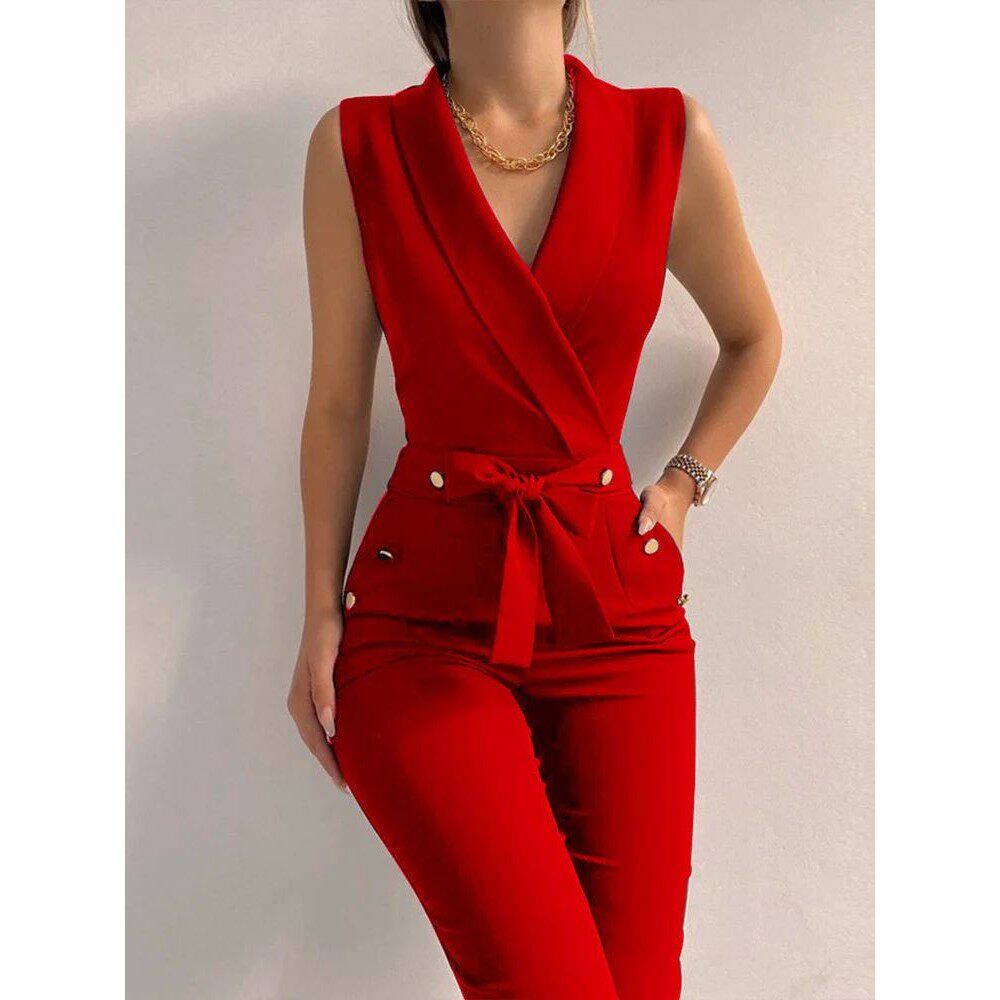 Twisted V-neck sleeveless jumpsuit女士扭扣V领无袖修身连体裤