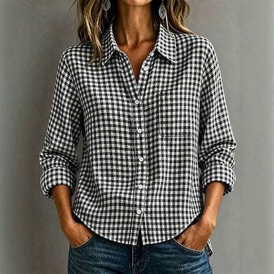 Checkered collar long sleeved shirt forwomen格子翻领长袖衬衫