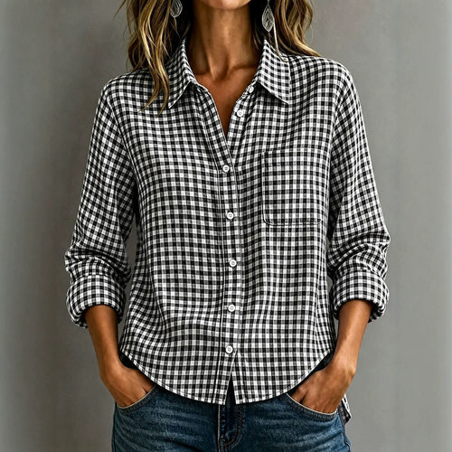 Checkered collar long sleeved shirt forwomen格子翻领长袖衬衫