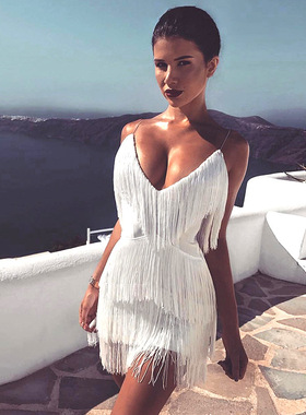 Fringed Club Party Prom Skinny Backless Deep V-Neck  Dress