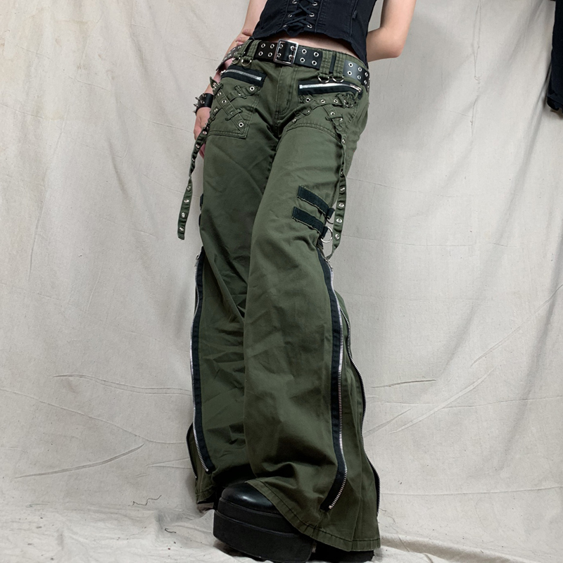 Ladies Zip Slit Denim Casual Wide Leg Pants女拉链开衩牛仔裤