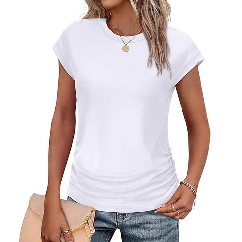 圆领褶皱女士T恤上衣Round neck pleated women's T-shirt top