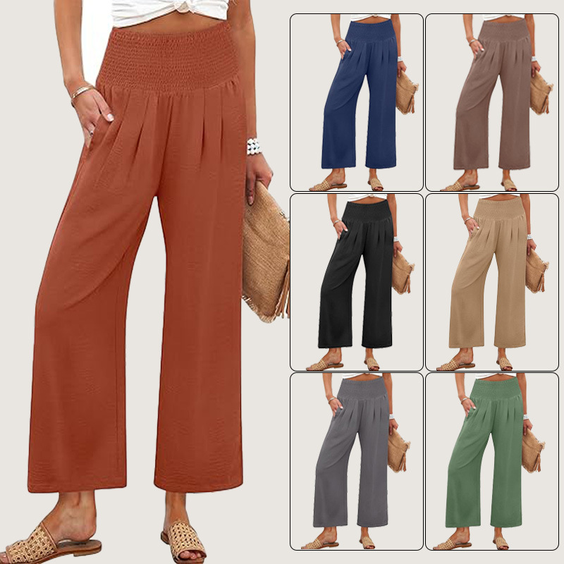High waisted straight leg casual pants女士纯色高腰直筒休闲裤