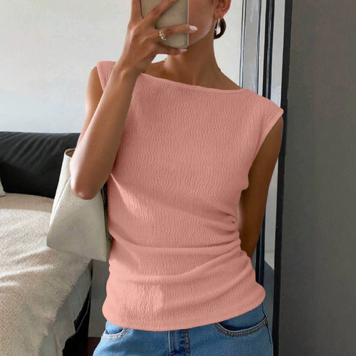 圆领褶皱无袖上衣女Round neck pleated sleeveless top forwomen