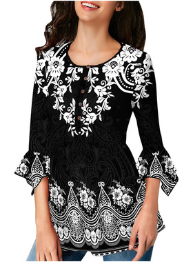 Ruffle Print Shirt 3/4 Sleeve V Neck T-Shirt荷叶袖印花衬衫