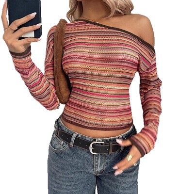Slanted collar off shoulder striped top  斜领露肩条纹上衣