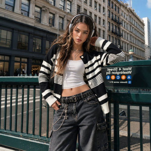 Striped sweater cardigan jacket for women条纹毛衣开衫外套