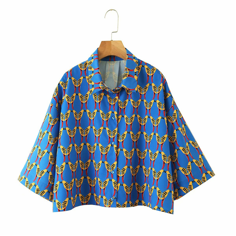 印花系扣宽松长袖衬衫