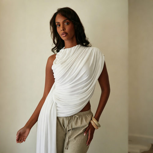 无袖圆领褶皱女士上衣Sleeveless round neck pleated women'stop
