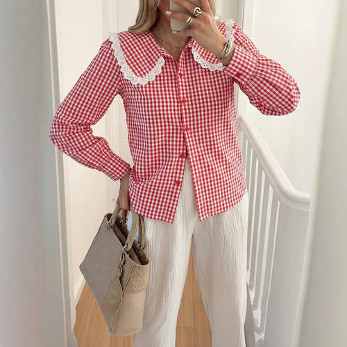 Women's Flared Collar Plaid Shirt Top娃娃领格子衬衫上衣女