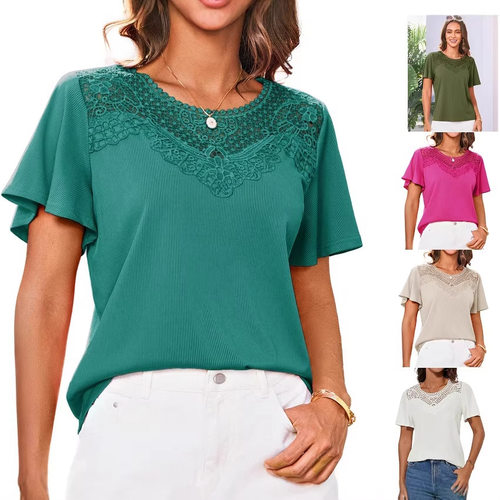 圆领蕾丝褶皱女士上衣  Round neck lace pleated women's top