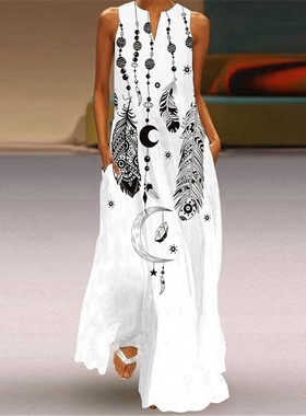 Printed V-Neck  Summer Party Slip Dress With Pockets连衣裙