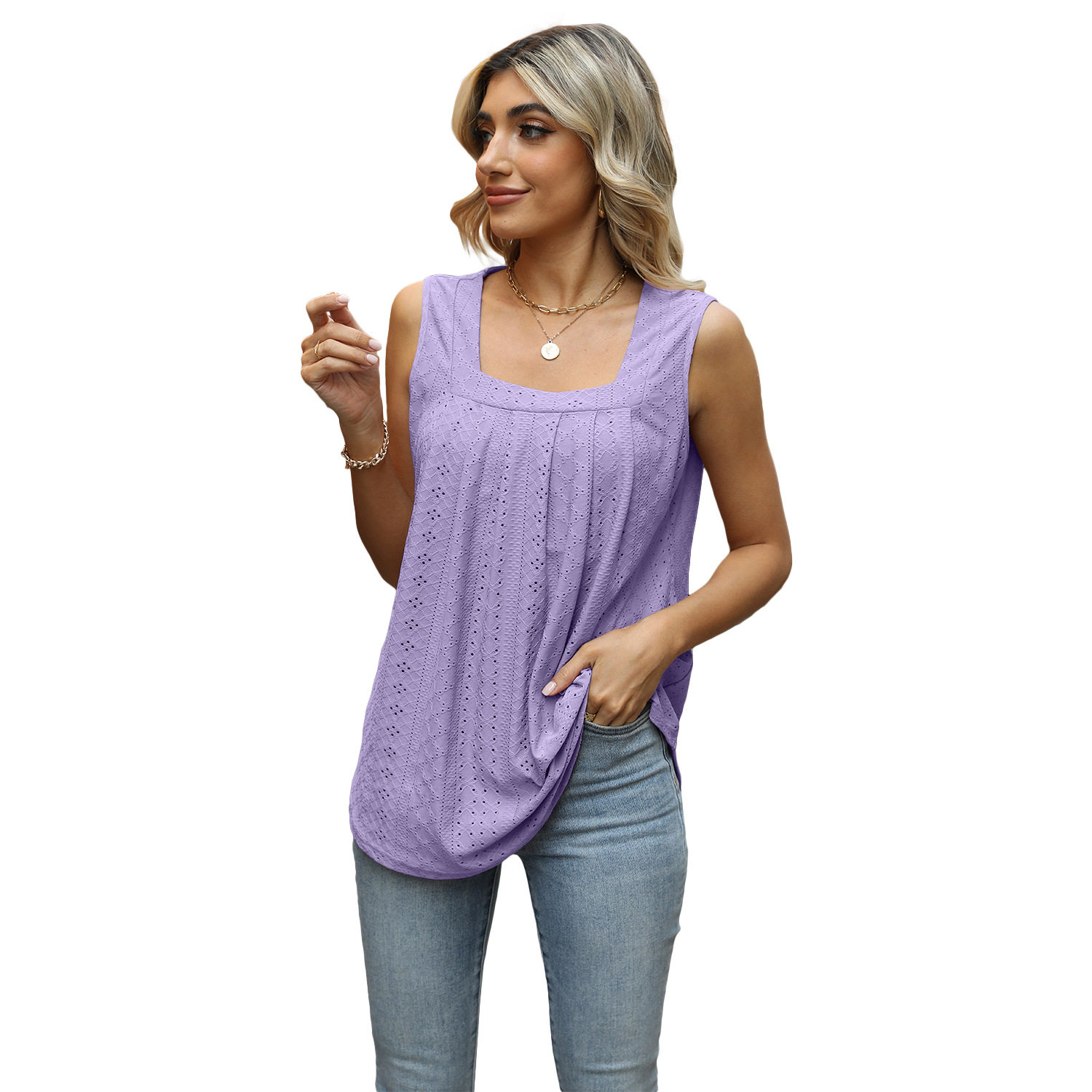 褶皱镂空方领无袖背心