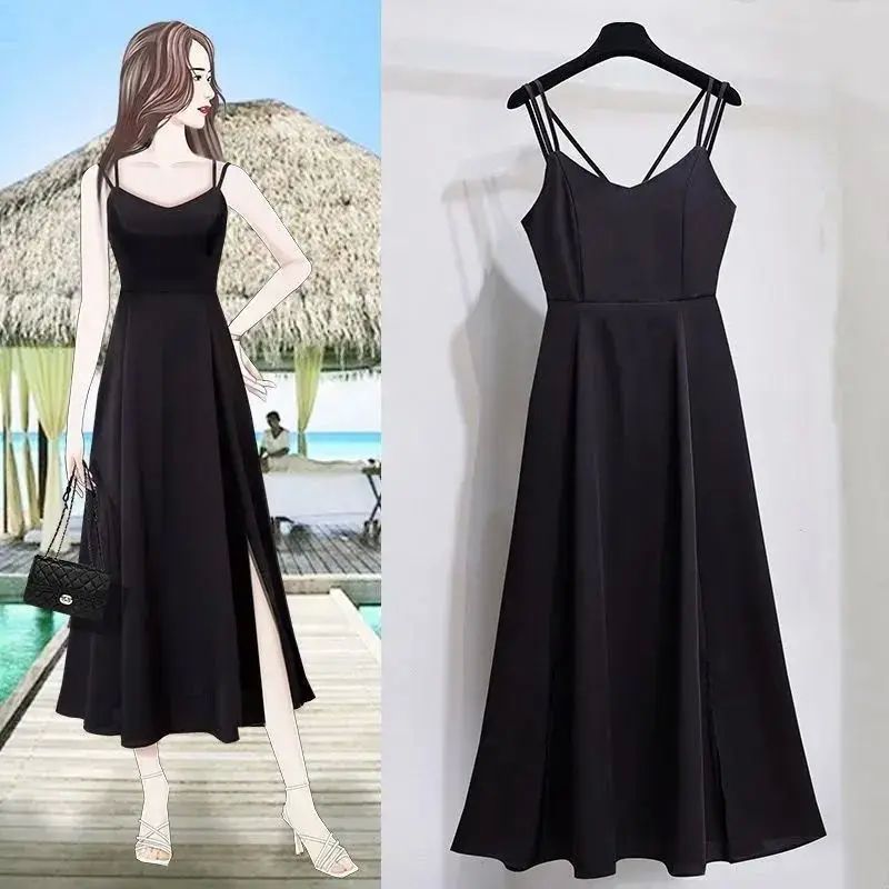 Solid color slit slim fit dress with suspender吊带纯色开衩裙