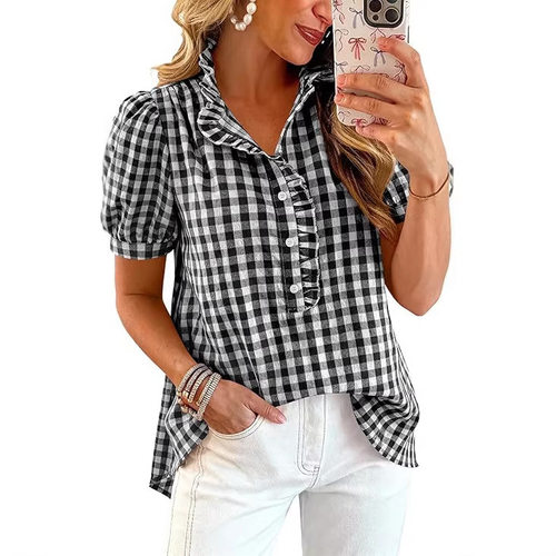 V领纽扣女士短袖上衣V-neck button up women'sshortsleevedshirt