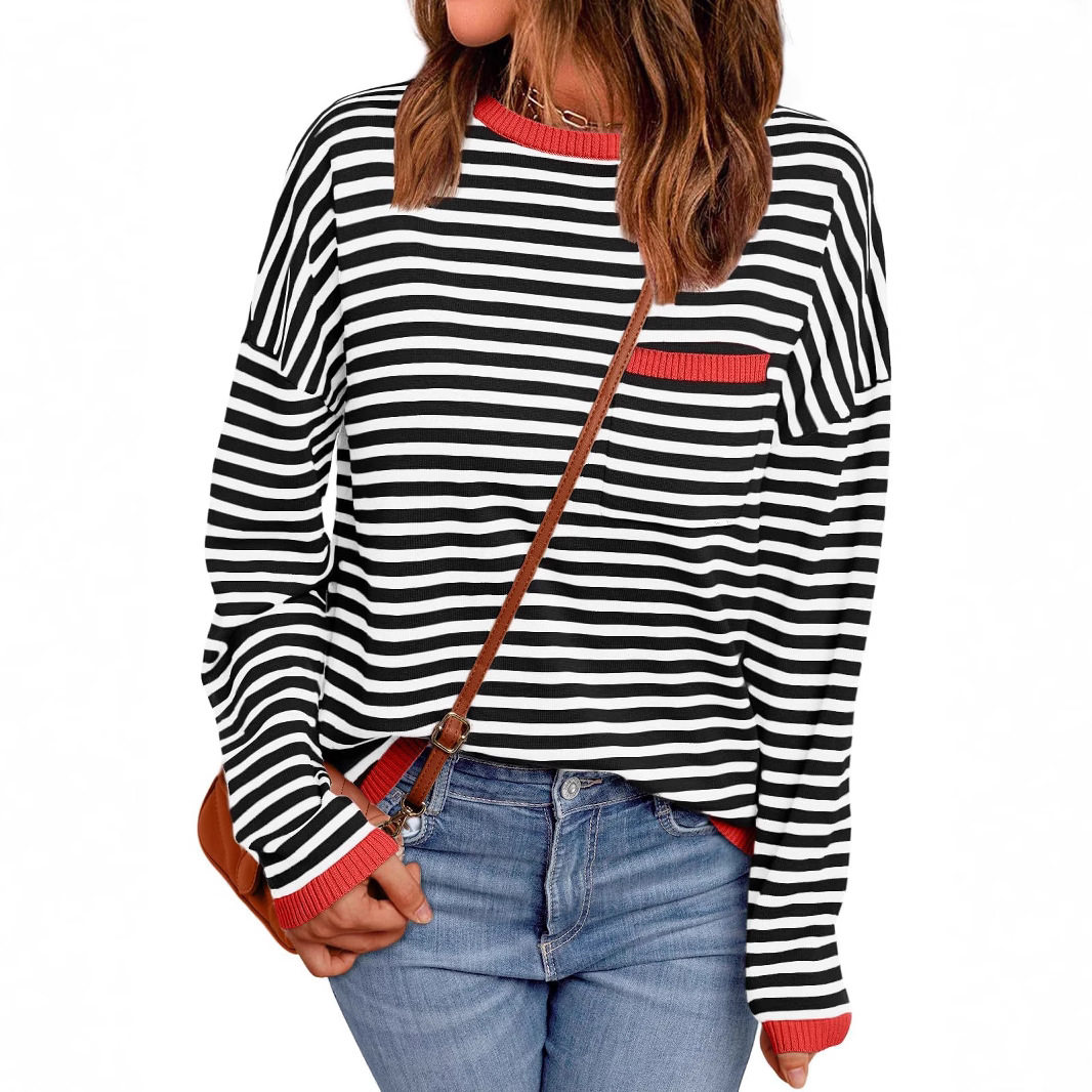 Round neck striped long sleeved top forwomen圆领条纹长袖上衣 - 实物图