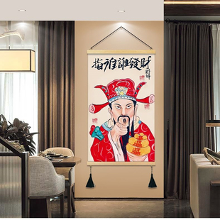 饰画 创意国潮财神爷指谁发财挂画客厅走廊餐厅遮挡画布入户玄关装