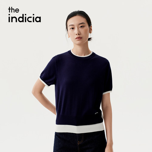 indiciaF2C5ZZ289F专柜正品标记女装拼接撞色简约短针织衫吊牌589