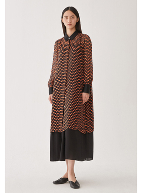 AUM噢姆春季简约气质宽松橘色波点中长衬衫连衣裙女