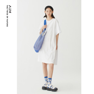 植绒绣花连衣裙休闲白色宽松长款 AUM噢姆夏季 纯棉长T恤女