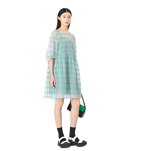 AUM噢姆夏季连衣裙绿色撞色格子泡泡袖中长裙小个子