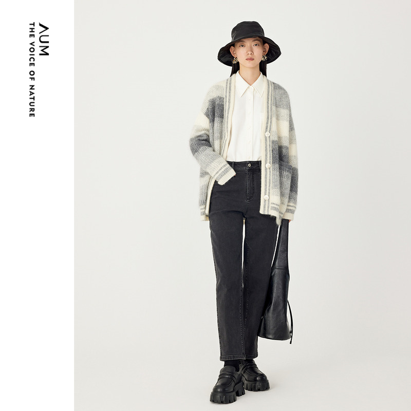 【会员价857元】AUM噢姆冬季茧型宽松磨毛洗水纹理牛仔裤黑色