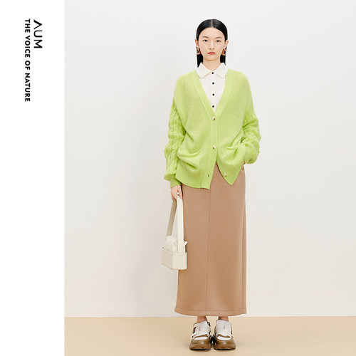【商场同款】AUM噢姆精纺马海毛宽松休闲V领长袖针织外套女款