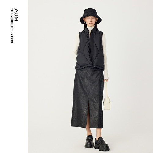 AUM噢姆冬季廓形中式小立领鹅绒羽绒服马甲黑色上衣