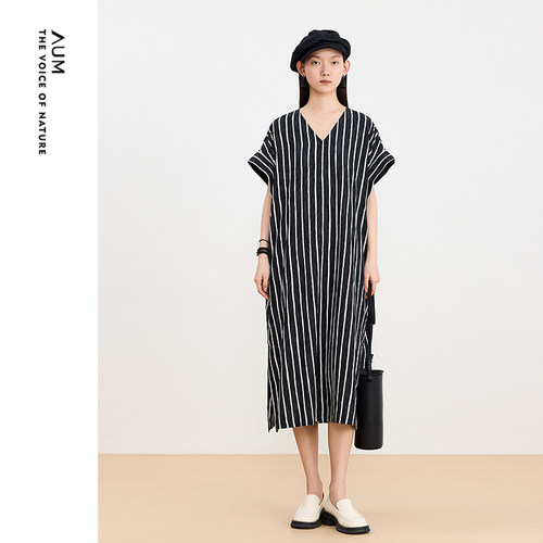 AUM噢姆夏季色织提花条纹宽松多穿黑色连衣裙长裙女