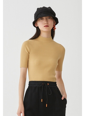 AUM噢姆秋季卡其色修身高领短袖针织衫女款